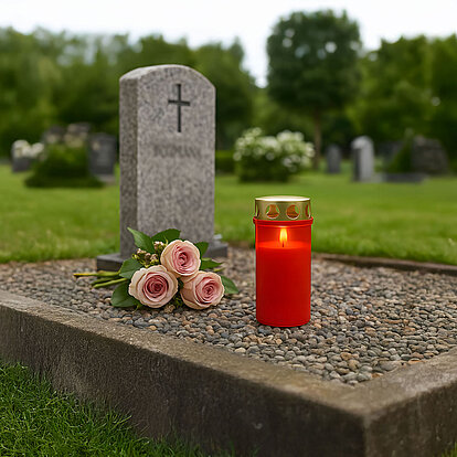 Sanft flackernde Grabkerze mit Deckel – eine rote, wind- und wetterfeste Gedenkkerze mit praktischer Metall-Abdeckung, platziert auf einem gepflegten Grab zur sicheren, langanhaltenden Lichtquelle des Erinnerns
