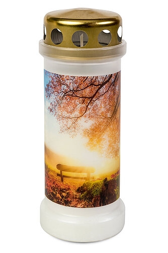 Bolsius Grablicht Nr. 6 mit Deckel und Motiv Herbst Artikelvorschau Grablicht Nr. 6 mit Deckel und Motiv Herbst
