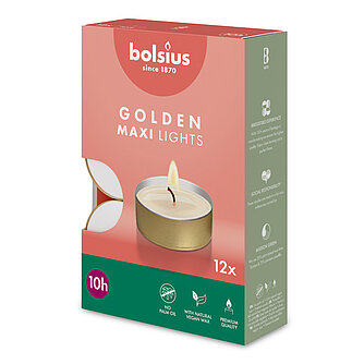 Bolsius Maxi-Teelichte 10h (12er Pack) - Gold Artikelvorschau Maxi-Teelichte 10h (12er Pack) - Gold